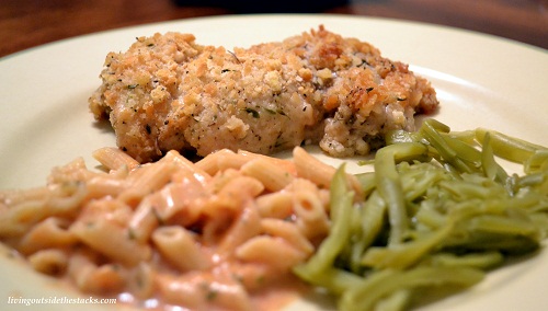 Parmesan Crusted Chicken, Parmesan Tomato Pasta and Green Beans