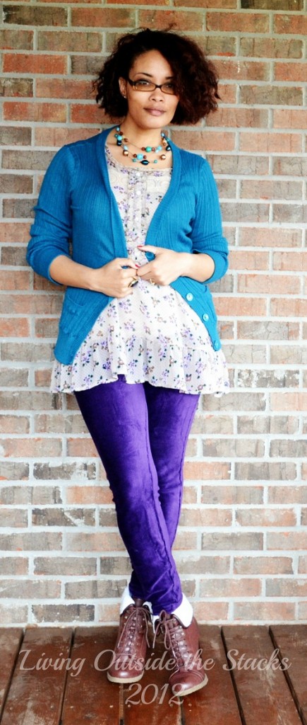 Teal Cardi, Greige Blouse, Aubergine No nonsense corduroy tights, and Booties {Living Outside the Stacks}