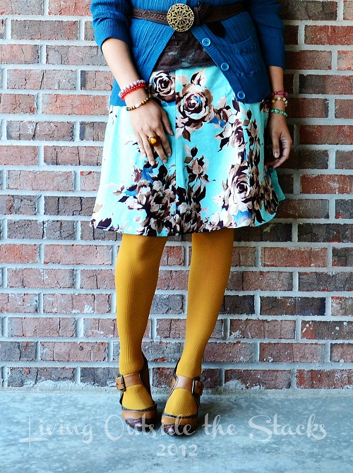 Teal Cardi Teal and Brown Floral Skirt Mustard Tights {Shoe Style Saturday}