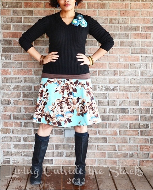 Black Sweater, Brown Cami, Floral Skirt and Black Boots {Living Outside the Stacks}