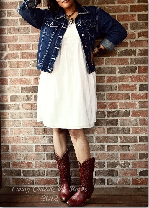 Denim Jacket, White Sundress  and Cowboy Boots {Living Outside the Stacks}