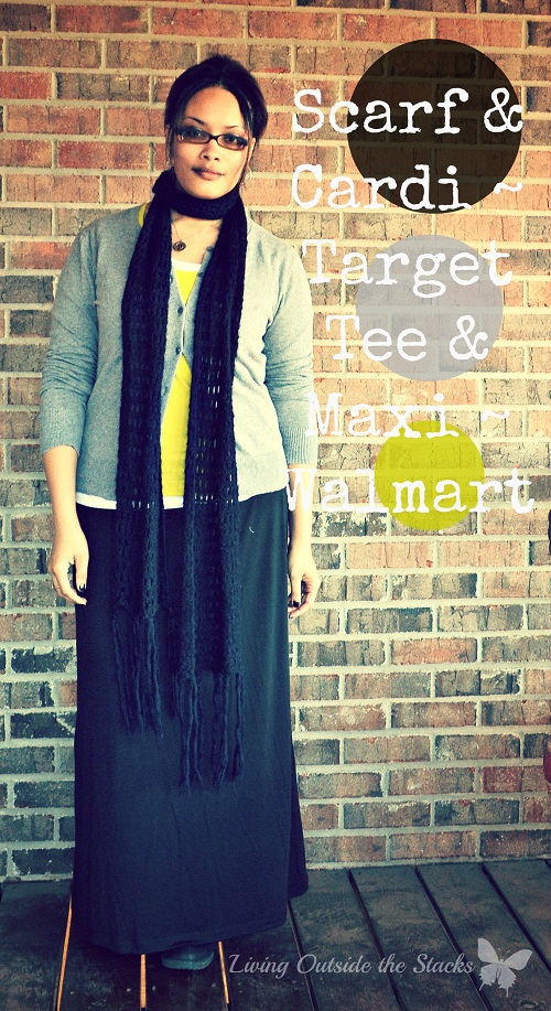 Gray Cardi, Black Scarf, Citron Tee, and Black Maxi {Living Outside the Stacks}