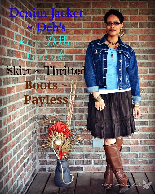 Denim Jacket Blue Tee Brown Skirt and Brown Boots {Living Outside the Stacks}
