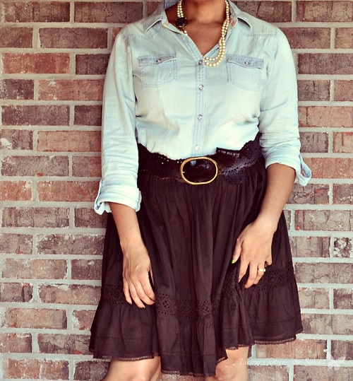 Pearls, Chambray Shirt, and Tiered Skirt {Living Outside the Stacks}