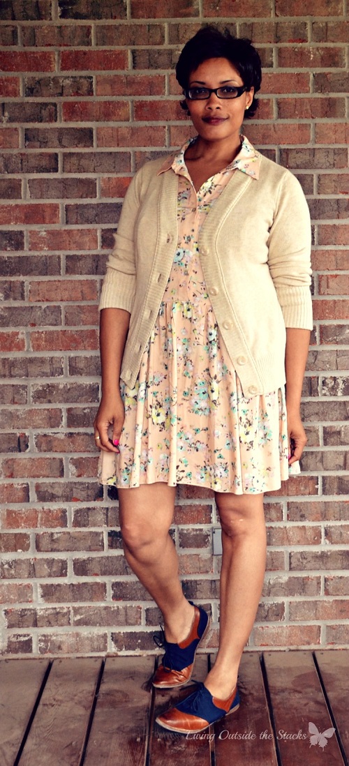 Beige Cardi, Peach Floral Dress, and Oxfords {Living Outside the Stacks}