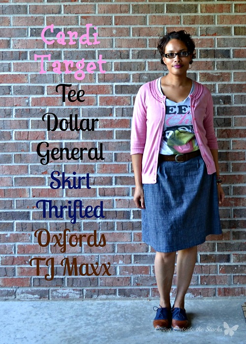 Pink Cardi Tee Denim Skirt and Oxfords {Living Outside the Stacks}