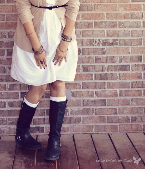 Beige Cardi White Dress and Black Boots {Living Outside the Stacks}