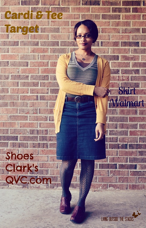 Cardi, Striped Tee, Denim Skirt, and Tights {Living Outside the Stacks}