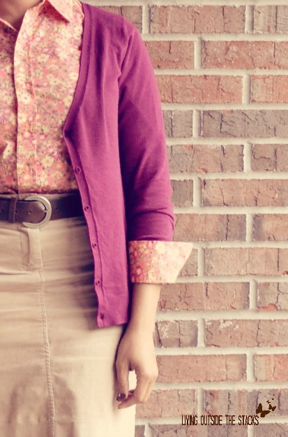Magenta Cardi Floral Blouse Khaki Skirt Black Tights and Brown Shoes {Living Outside the Stacks}