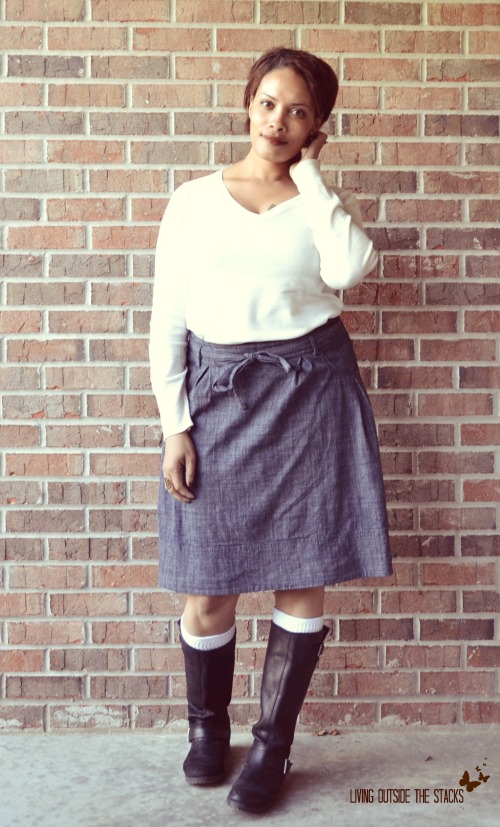White Sweater Denim Skirt and Black Boots {Living Outside the Stacks}