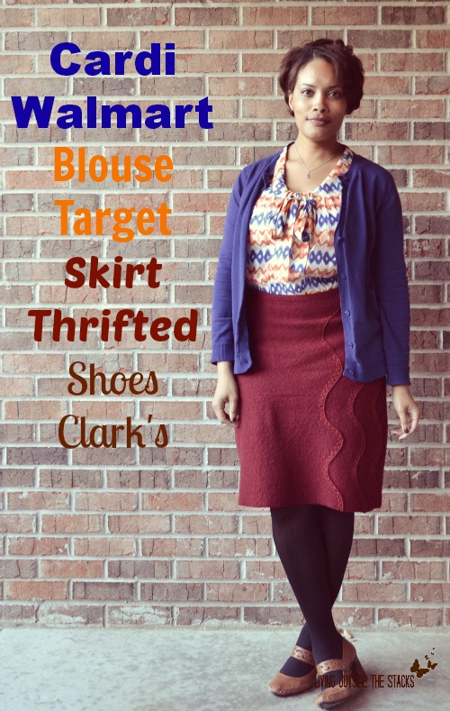 Blue Cardi, Ikat Blouse, Burgundy Skirt, Black Tights, and Brown Shoes {Living Outside the Stacks}