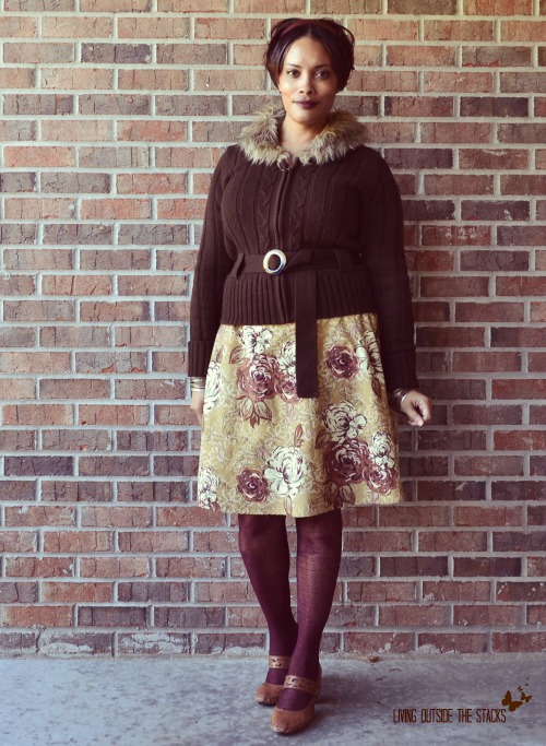Brown Sweater, Floral Skirt, and Burgundy Tights {Living Outside the Stacks}