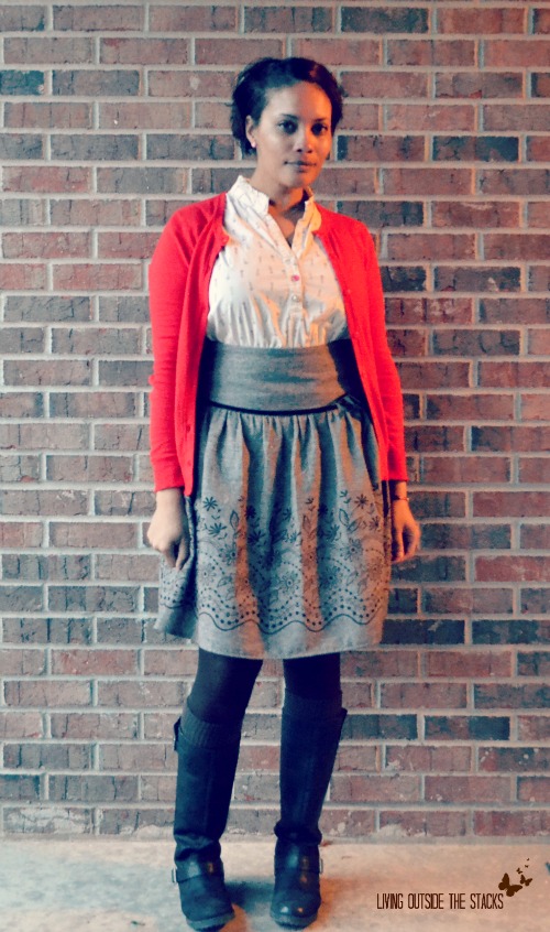 Red Cardi, White Blouse, and Brown Skirt {Living Outside the Stacks}