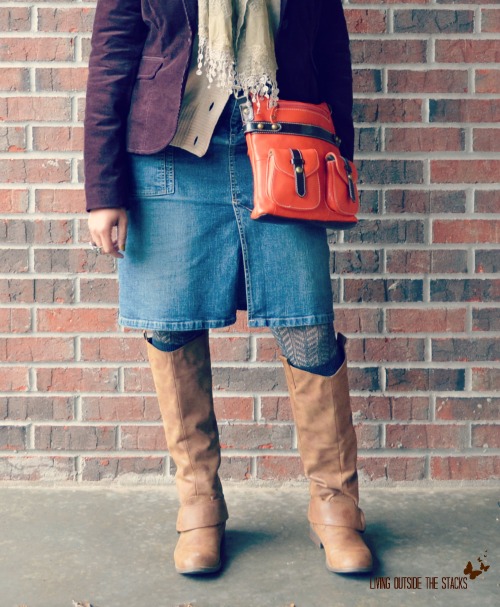 Brown Corduroy Jacket Neutral Scarf Gray Cardi and Denim Skirt {Living Outside the Stacks}
