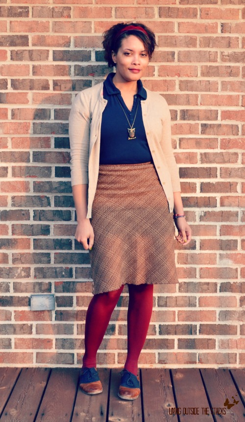 Cream Cardi Blue Shirt Plaid Skirt Burgundy Tights and Oxfords {Living Outside the Stacks}