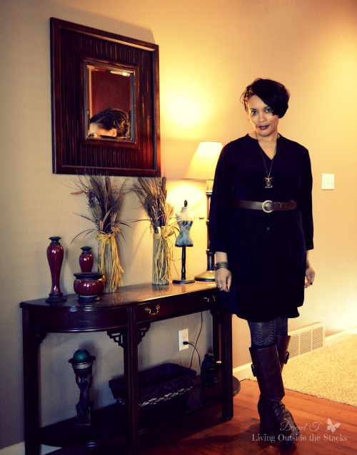 Tan Cardi Black Dress Gray Tights and Brown Boots {Living Outside the Stacks}