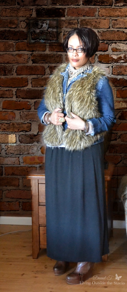 Faux Fur Vest Denim Jacket Scarf Black Maxi Skirt and Boots {Living Outside the Stacks}
