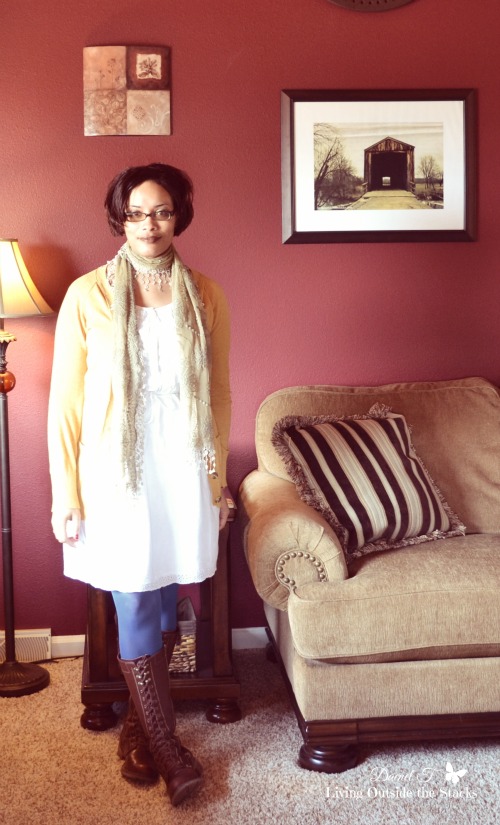 Mustard Cardi White Dress Blue Tights and Brown Boots {Living Outside the Stacks}