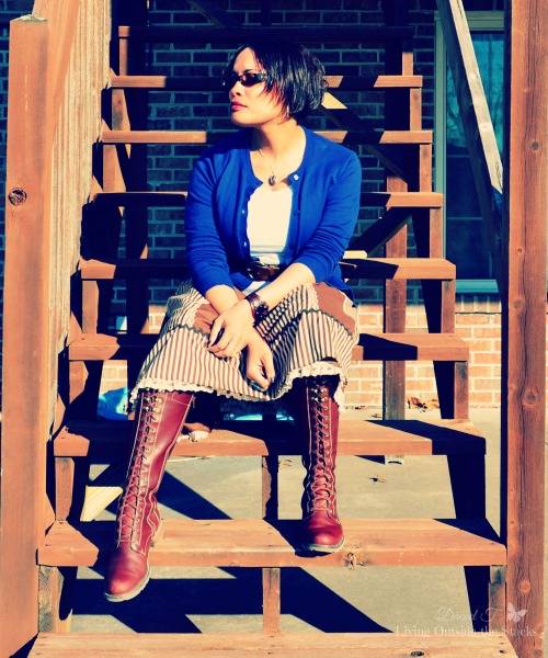 Blue Cardi White Tee Brown Striped Skirt and Brown Boots {Living Outside the Stacks}