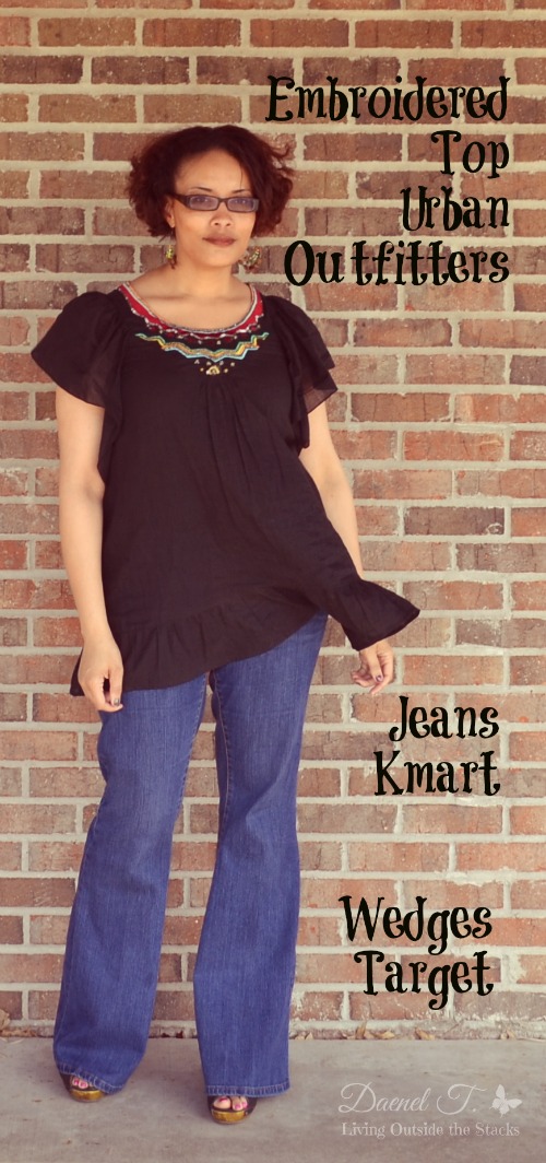  Black Embroidered Top, Jeans, and Black Wedges {Living Outside the Stacks}