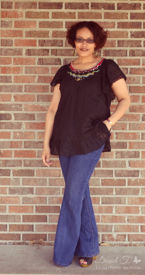 Black Embroidered Top, Jeans, and Black Wedges {Living Outside the Stacks}