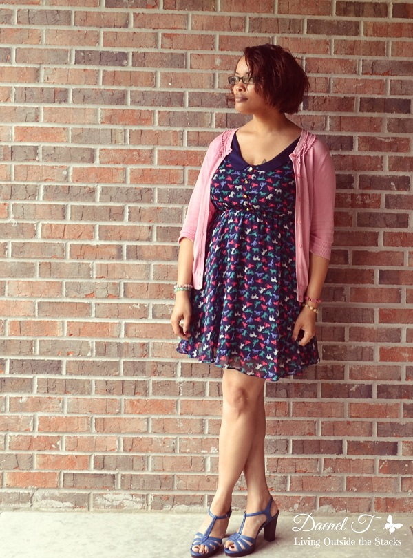 Pink Cardi Horse Print Dress and Blue Shoes {Living Outside the Stacks}