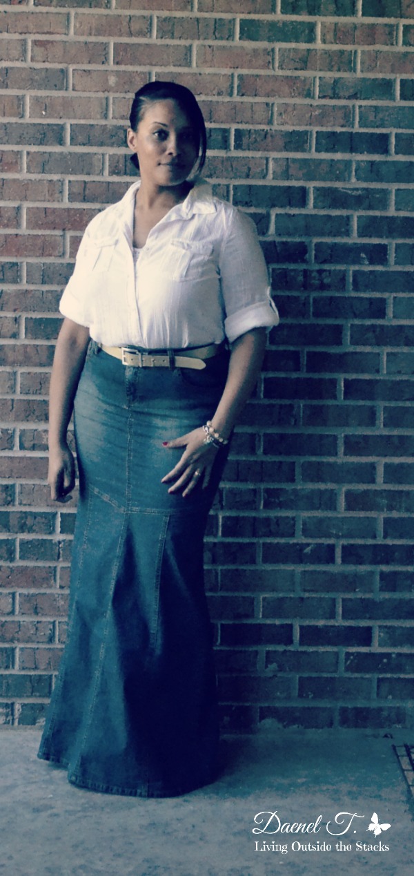 White Button Down Denim Maxi Skirt and Flats {Living Outside the Stacks}