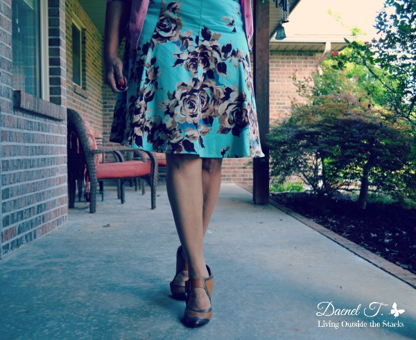Pink Cardi, Mustard Striped Tee, and Floral Skirt {Living Outside the Stacks}