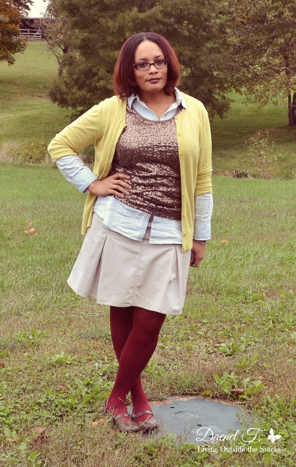 Citron Sweater Sequin Tank Denim Shirt Khaki Skirt and Burgundy Tights {Living Outside the Stacks}