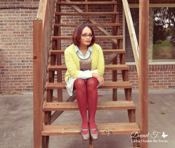  Citron Sweater Sequin Tank Denim Shirt Khaki Skirt and Burgundy Tights {Living Outside the Stacks}
