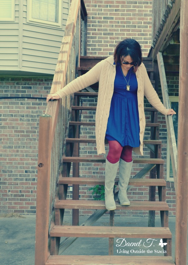 Tan Cardigan, Blue Dress, Burgundy Tights, and Gray Boots {Living Outside the Stacks}
