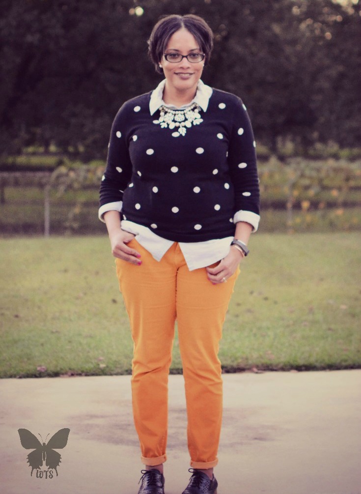 Polka Dot Sweater Mustard Pants and Black Oxfords {living outside the stacks}