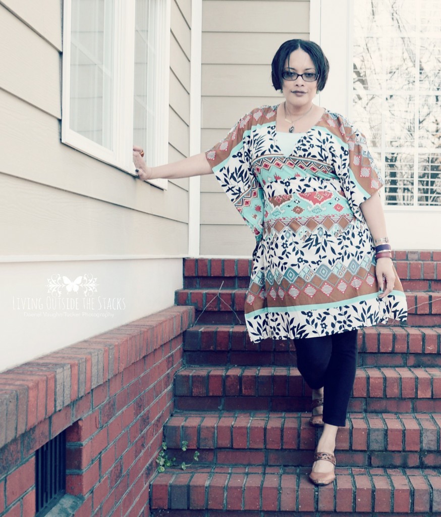 Multicolored Caftan Black Leggings and Clarks Shoes {living outside the stacks}