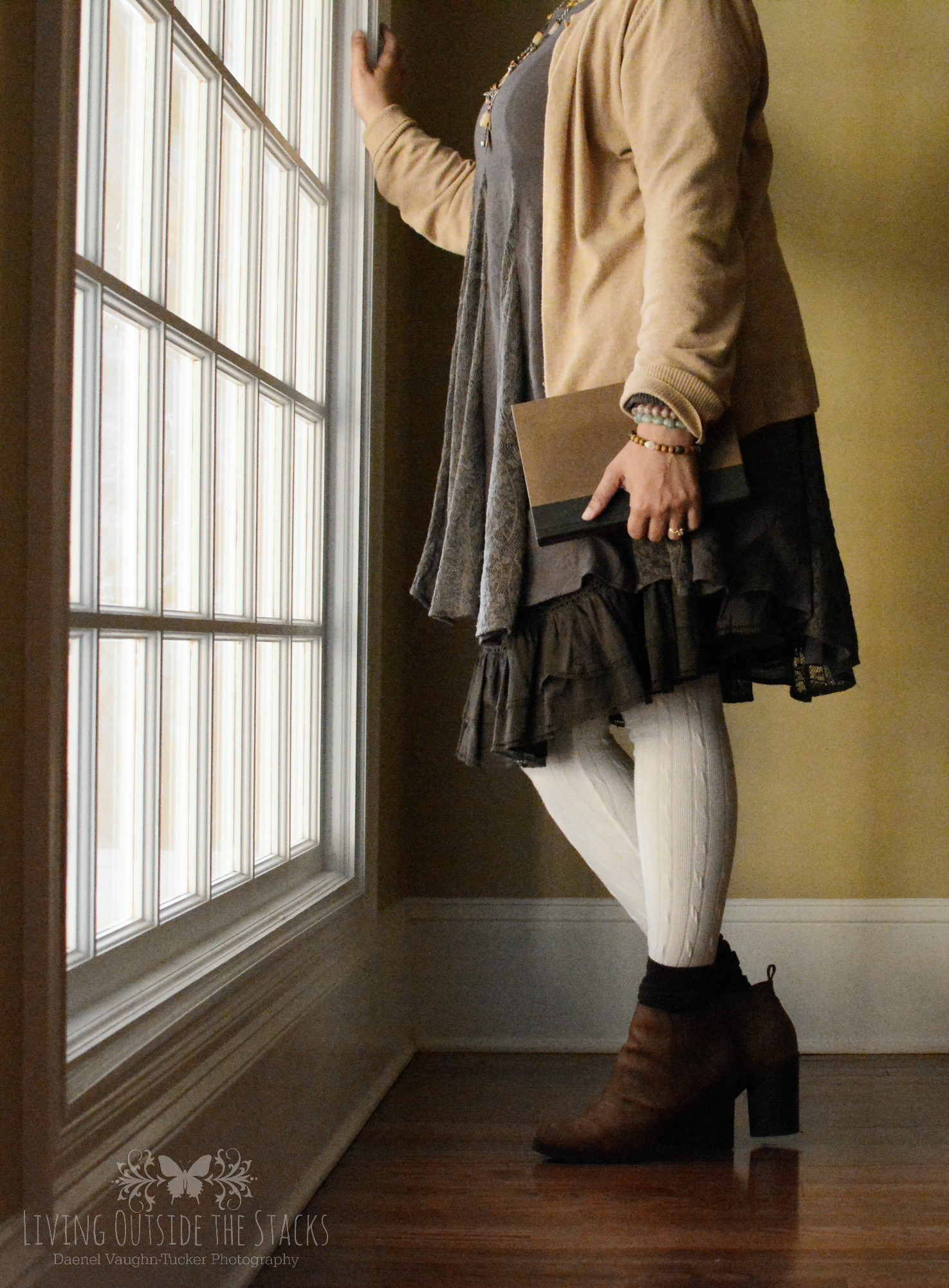 Tan Cardigan Olive Dress White Sweater Leggings and Brown Ankle Boots {living outside the stacks}