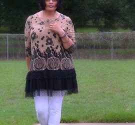 Brown and Tan Lace Bottom Tunic from #Zulily with White Leggings from #Kmart and Wedges from #Target {living outside the stacks}