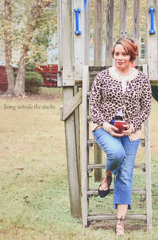 Leopard Cardi Polka Dot Tee Jeans and Wrap Around Black Flats {living outside the stacks}
