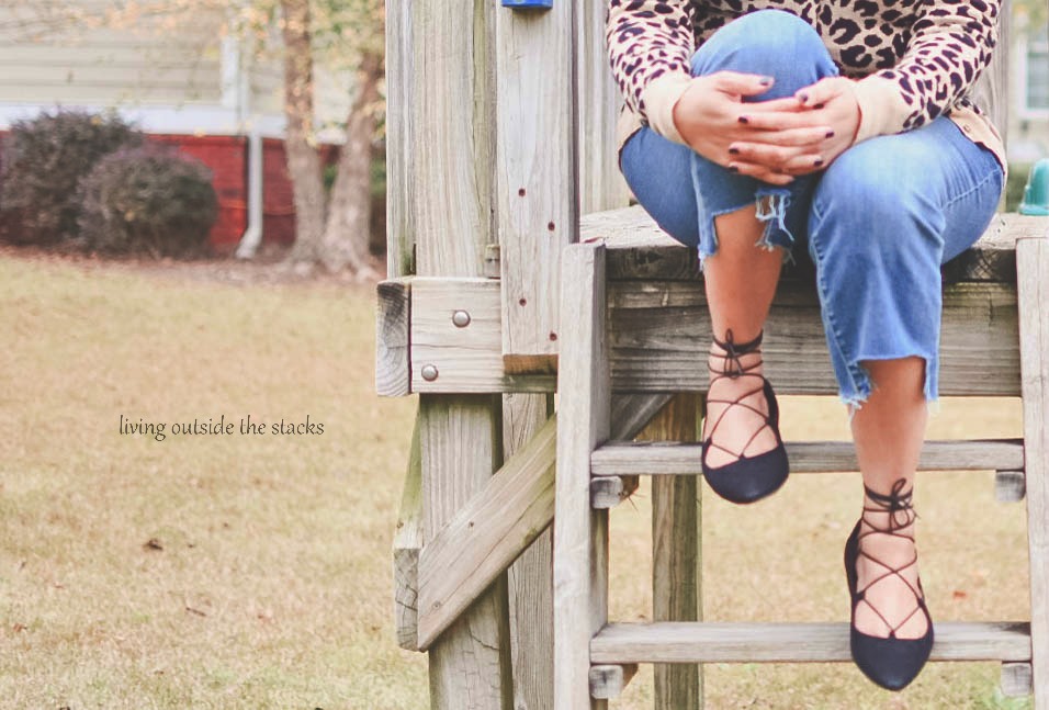 Leopard Cardi Polka Dot Tee Jeans and Wrap Around Black Flats {Living Outside the Stacks}