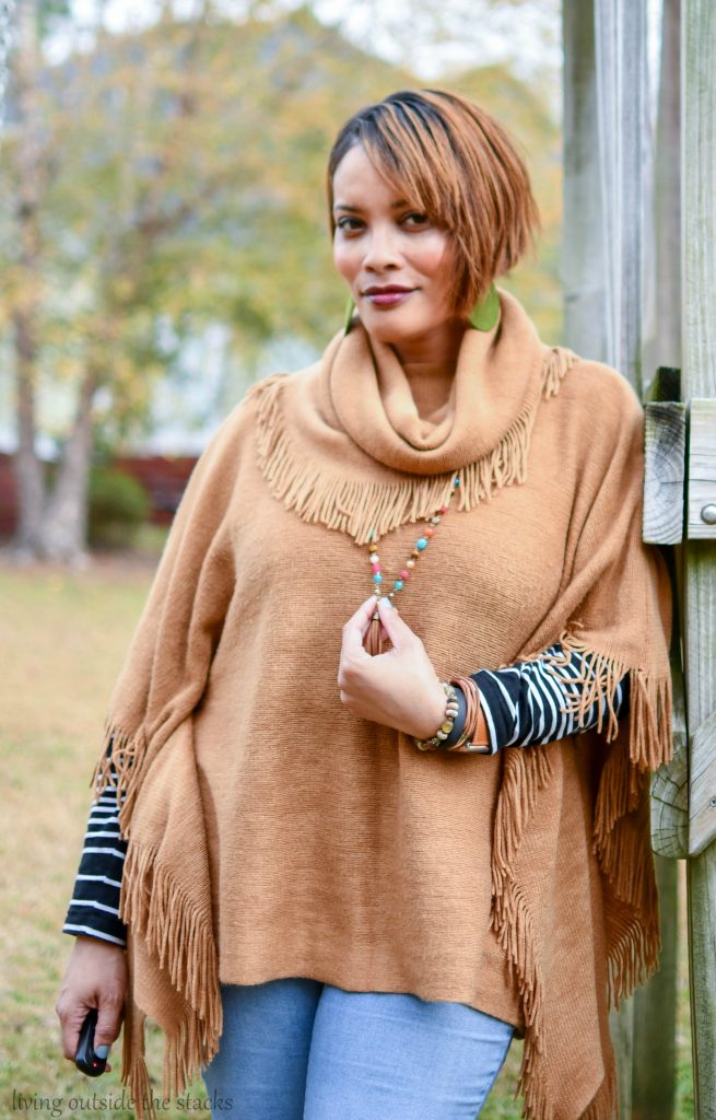 Camel Poncho Striped Tee and Jeans {living outside the stacks}