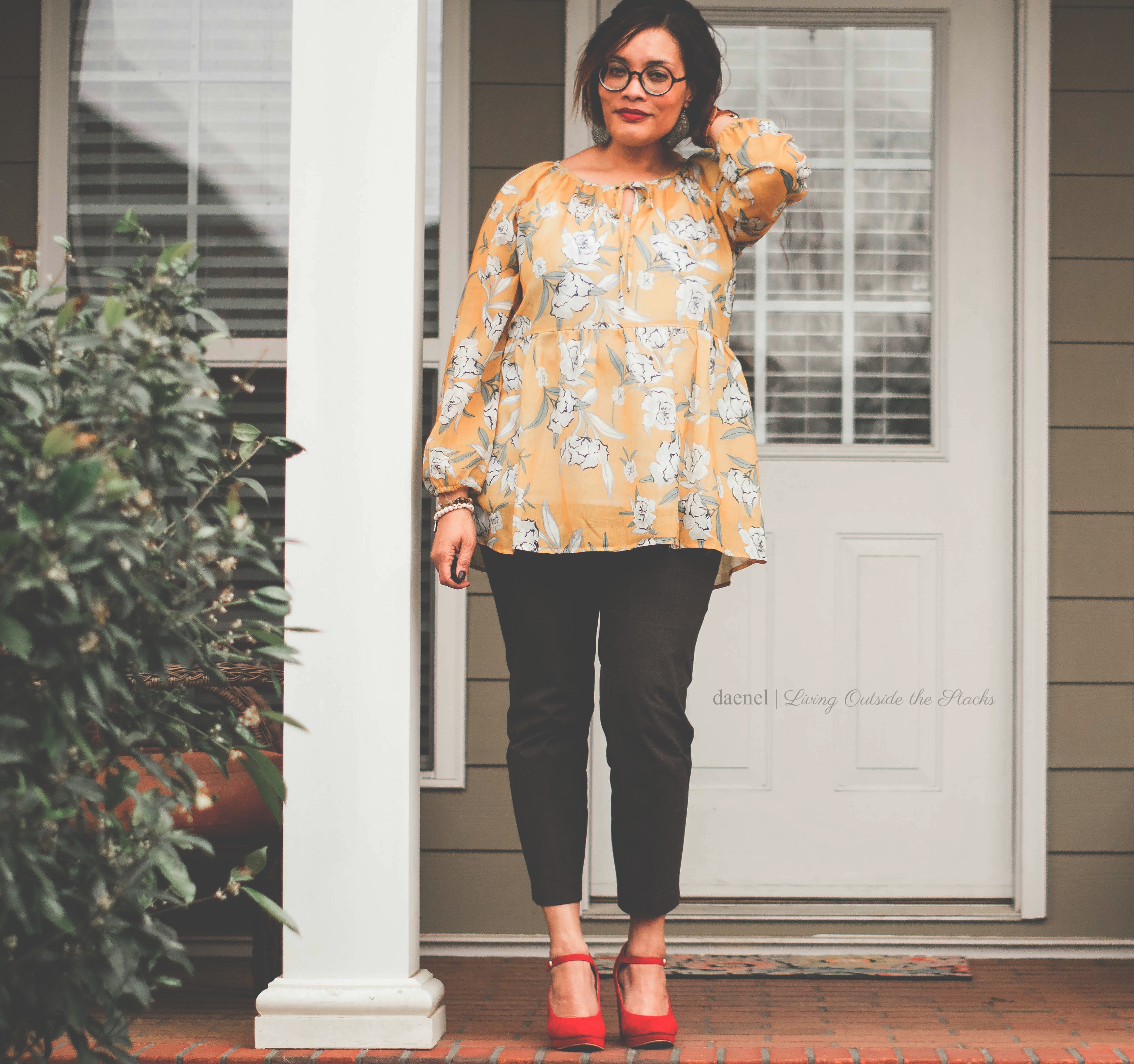  Ageless Style Linkup {living outside the stacks} Yellow Top Gray Ankle Pants and Red Mary Janes