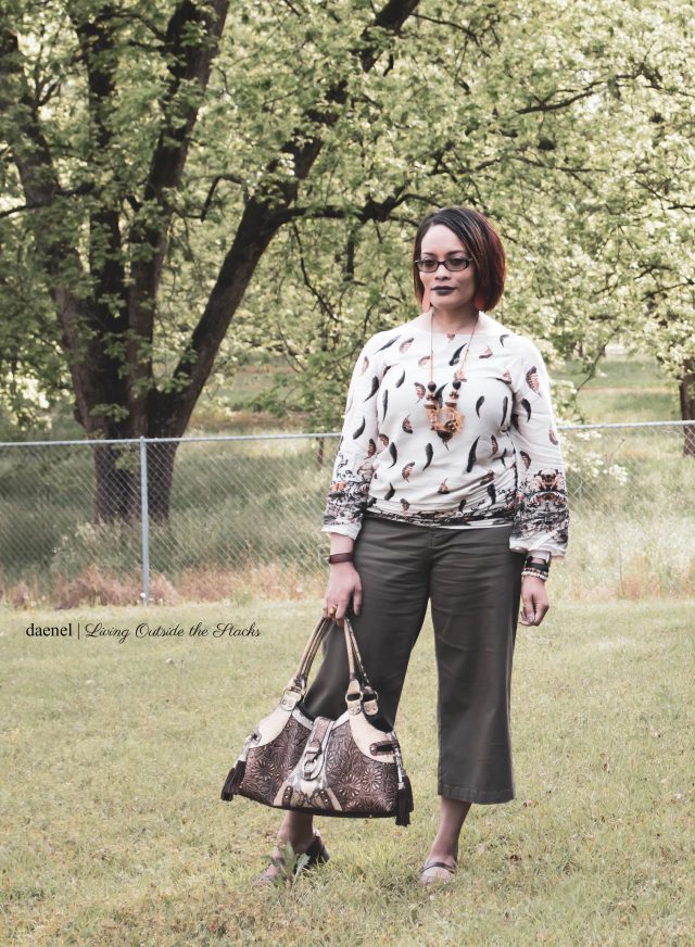 Feather Print Top Olive Cropped Pants and Brown Mary Jane Shoes {living outside the stacks}