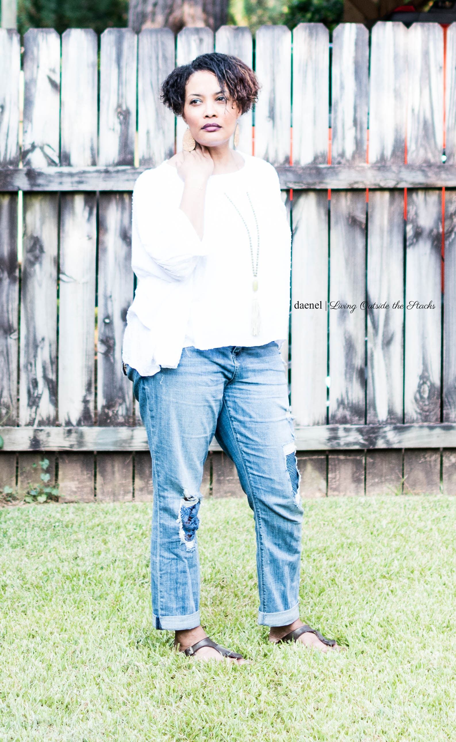  White Scarf Top by Ethyl Clothing Weekender Underpatch Jeans by Laurie Felt and Birkenstock Giza Sandals {living outside the stacks} #StyleImitatingArt
