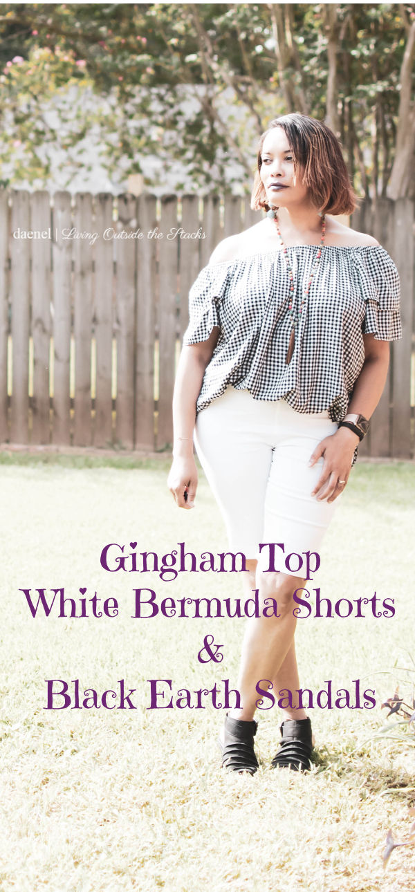 Gingham Top White Bermuda Shorts Shorts and Black Earth Sandals #AgelessStyle {living outside the stacks}