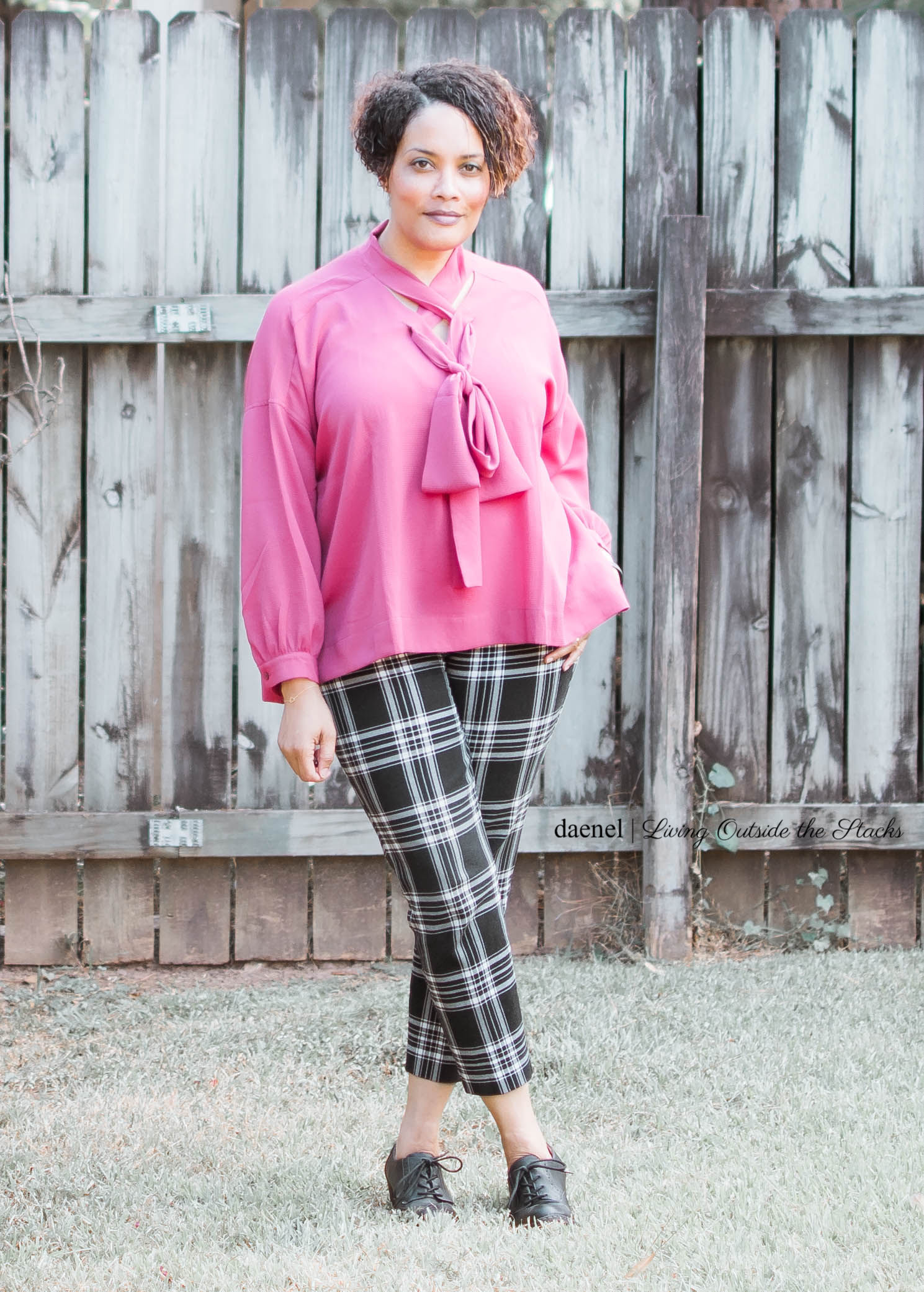 Cranberry Criss Cross Blouse by Laurie Felt Plaid Pixie Pants by Old Navy and Black Oxfords {living outside the stacks}