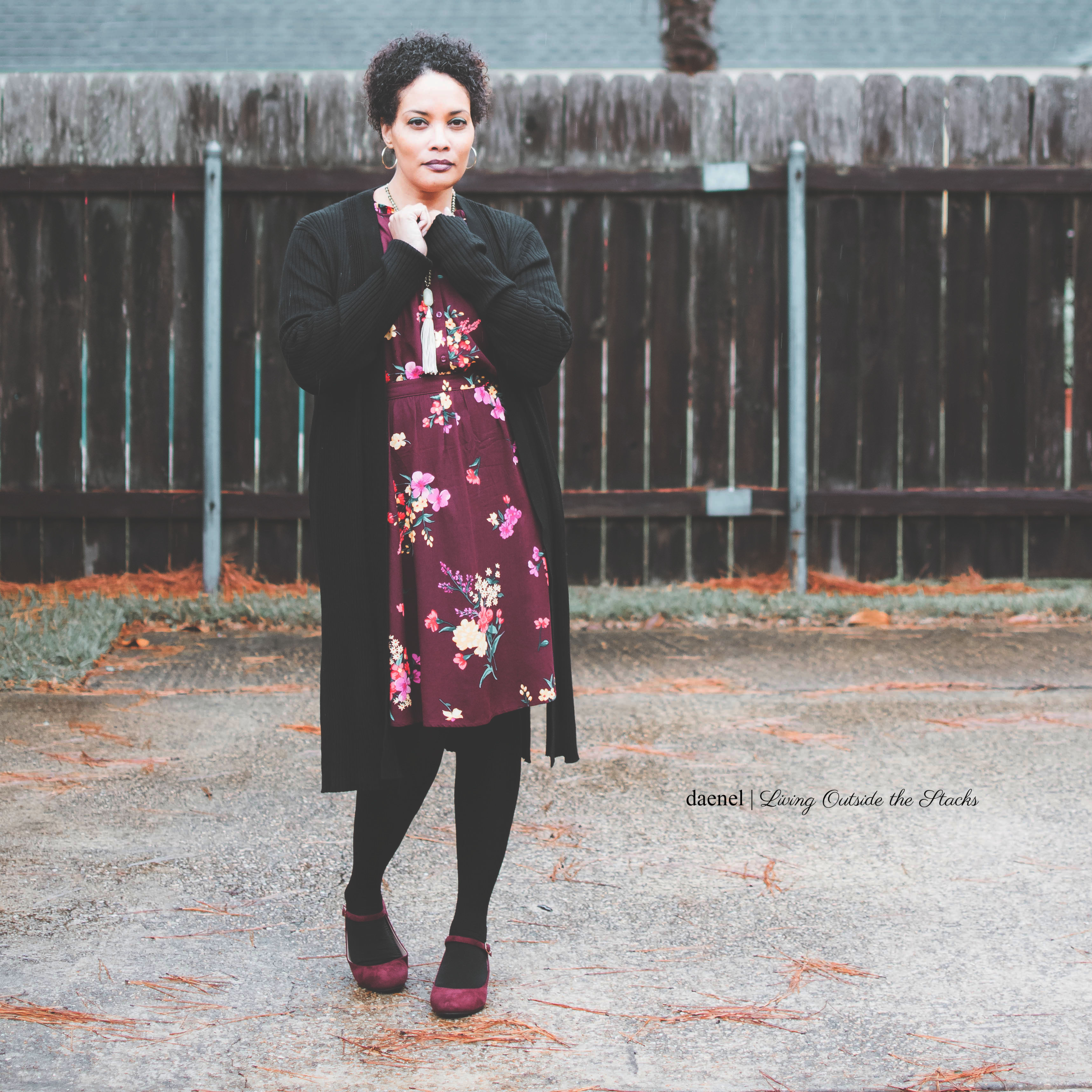  Black Maxi Cardi Old Navy Burgundy Floral Dress Black Tights and Burgundy Mary Jane Wedges {living outside the stacks}
