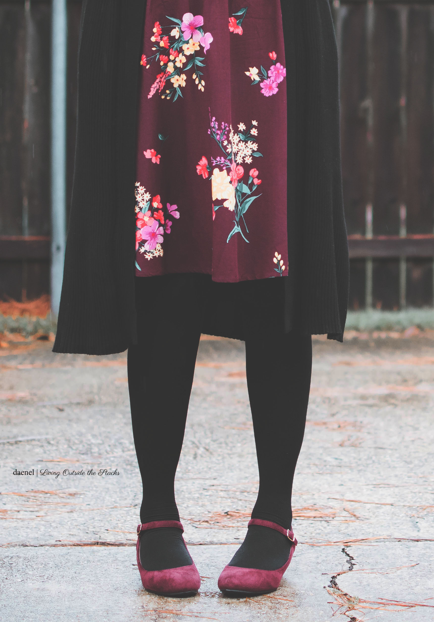  Black Maxi Cardi Old Navy Burgundy Floral Dress Black Tights and Burgundy Mary Jane Wedges {living outside the stacks}