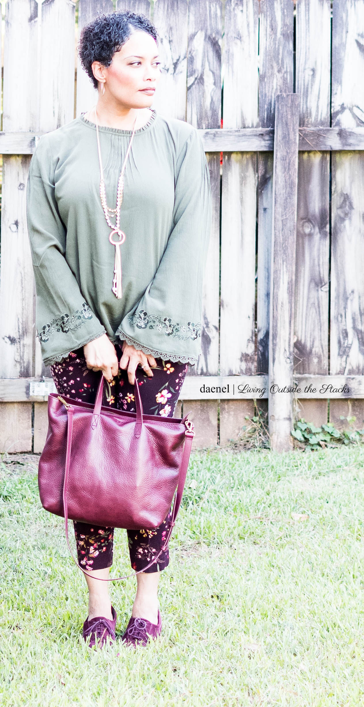  Olive Bell Sleeve Top Burgundy Floral Pixie Pants with Burgundy Booties by Clark with Madewell Leather Travel Zip Top Tote {living outside the stacks}
