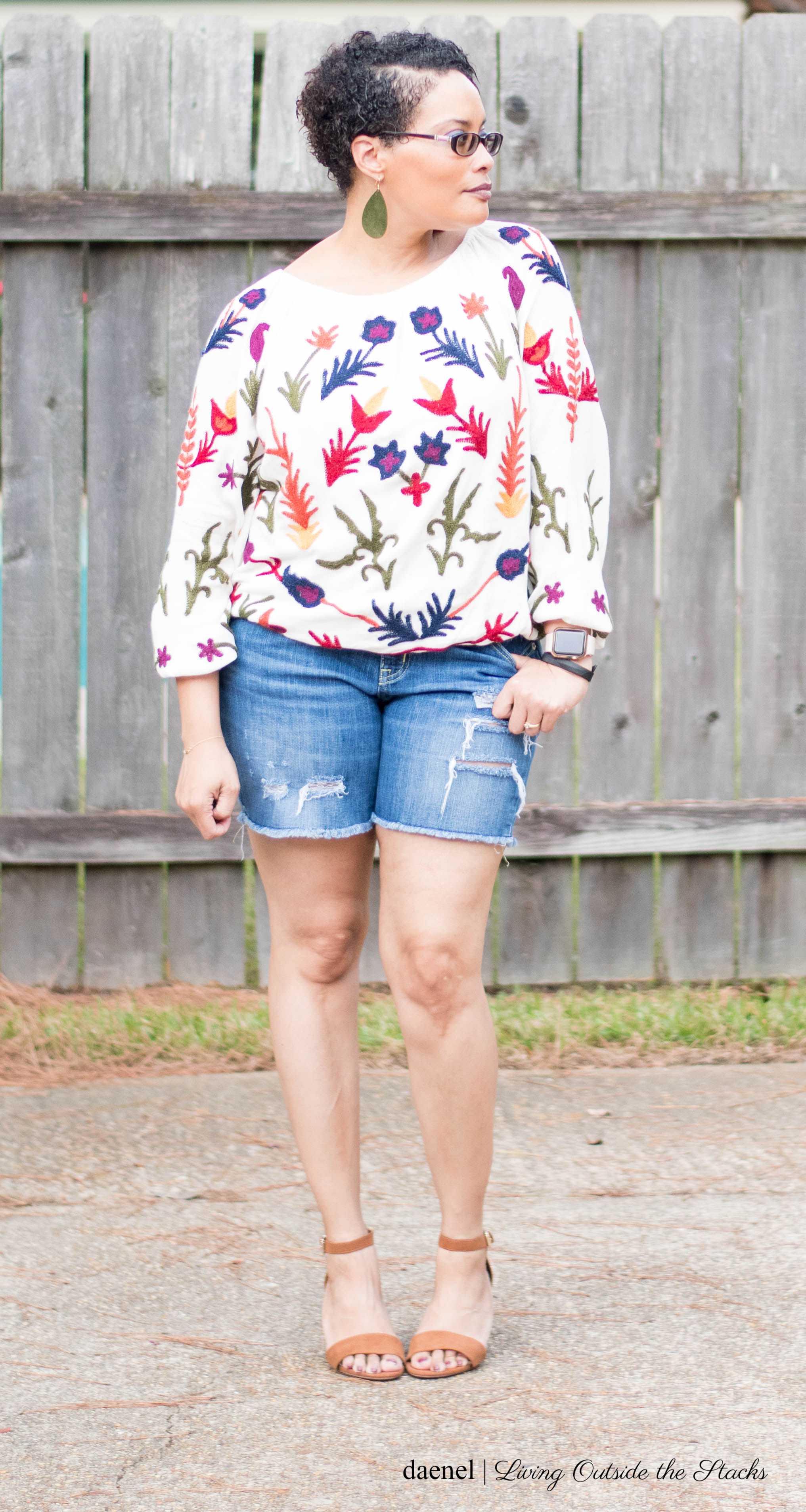  Embroidered Boho Top by Laurie Felt Distressed Denim Shorts from Target and Camel Sandals from Zulily {living outside the stacks}