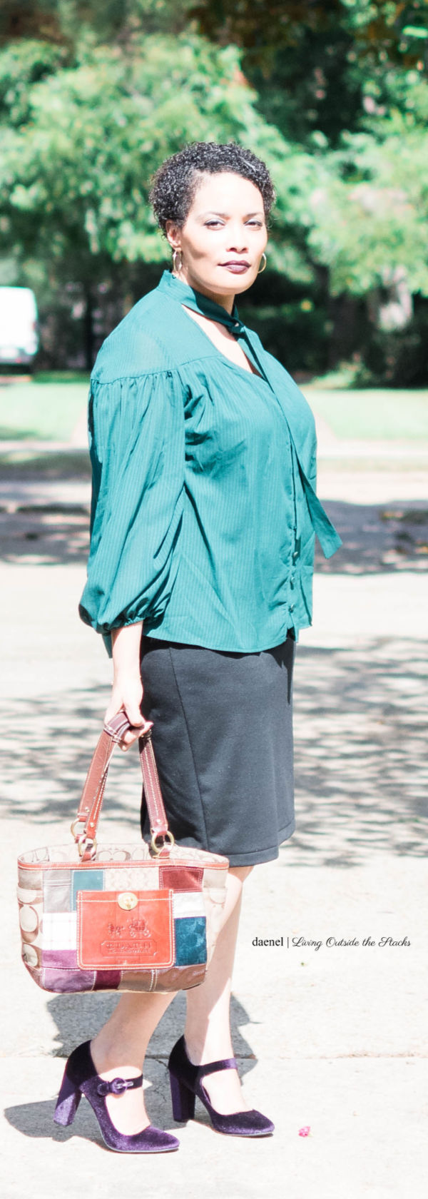 Green Tie Neck Blouse Black Skirt and Purple Velvet Mary Janes {living outside the stacks} #StyleImitatingArt