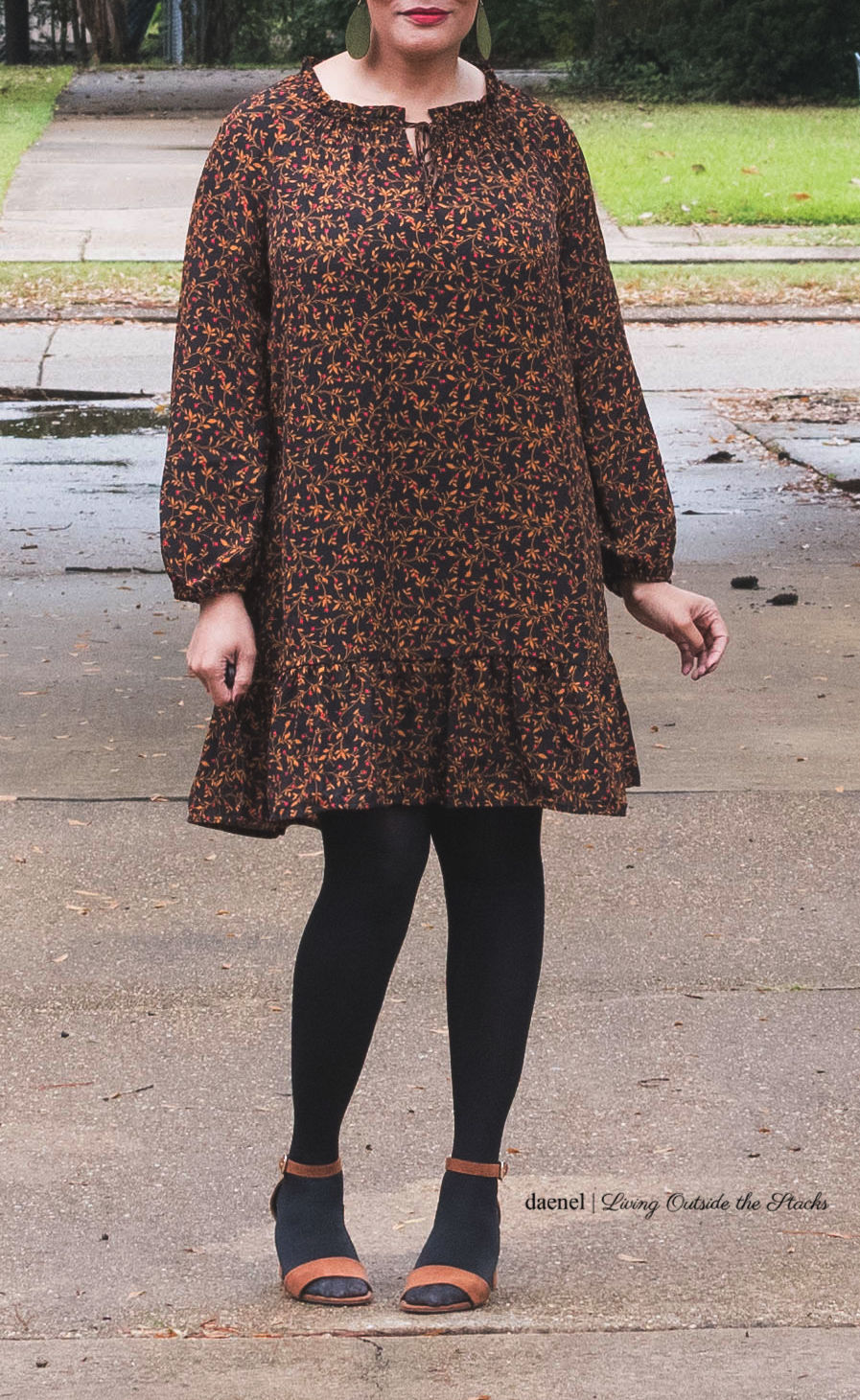 Black Floral Dress Black Tights and Brown Sandals {living outside the stacks} #StyleImitatingArt