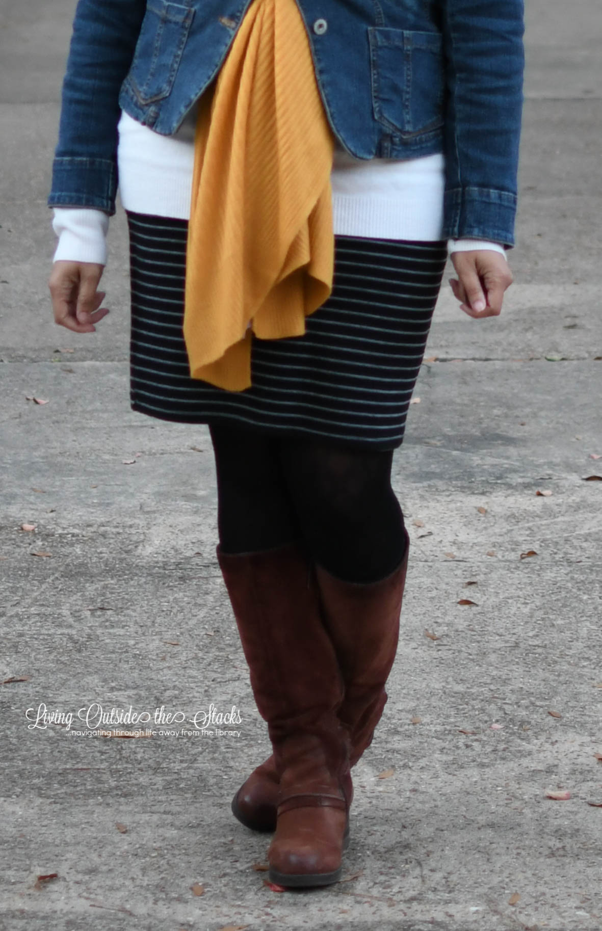 Zenni Glasses Mustard Scarf Denim Jacket Striped Skirt Black Tights and Brown Boots {living outside the stacks}